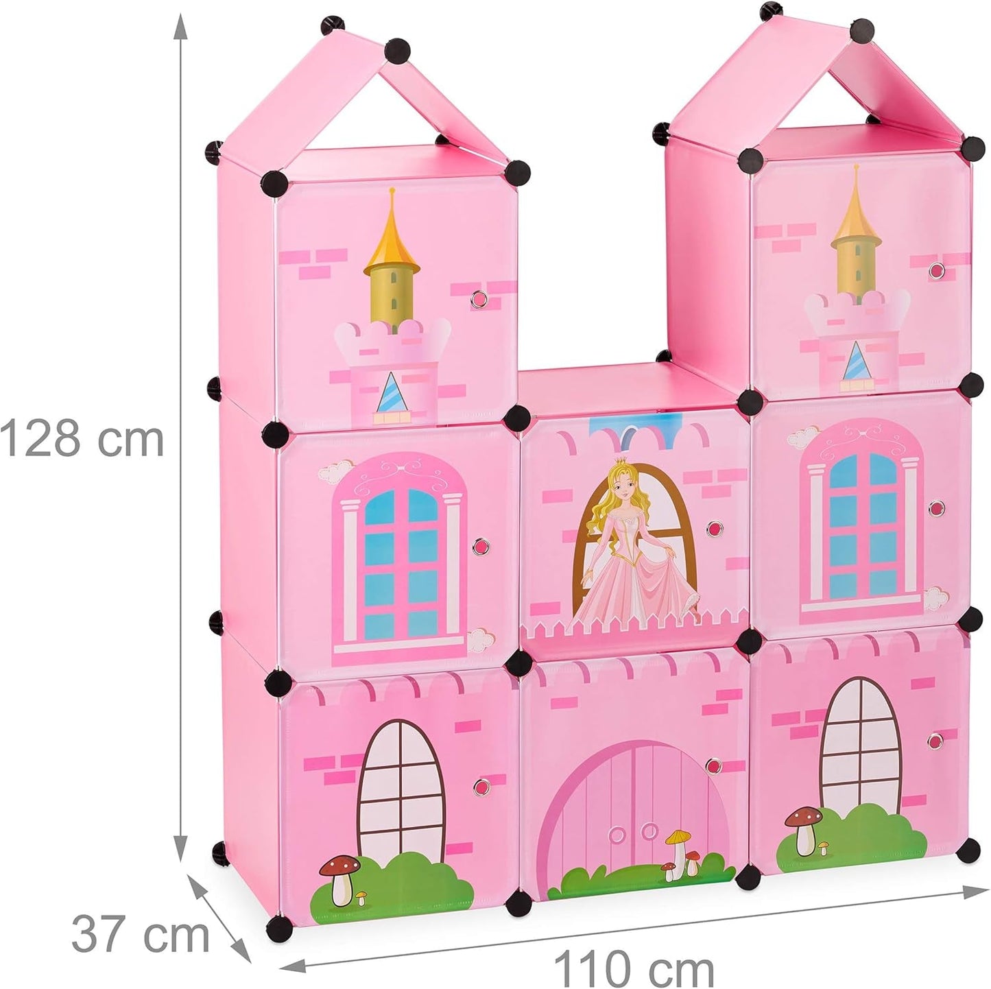 Relaxdays Barnrumshylla, prinsesslott, plast, gör-det-själv-skåp med dörrar, HBT: 128 X 110 X 37 Cm, rosa Naty Shop Dollhouses