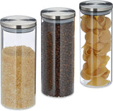 Relaxdays förvaringsburk Set med 3 förseglade lock i rostfritt stål Pasta Müsli Ris 1,5 liter köksbehållare Klart silver 24 x 9,5 x 9,5 cm Klart silver Matförvaringslådor Naty Shop Standardtitel
