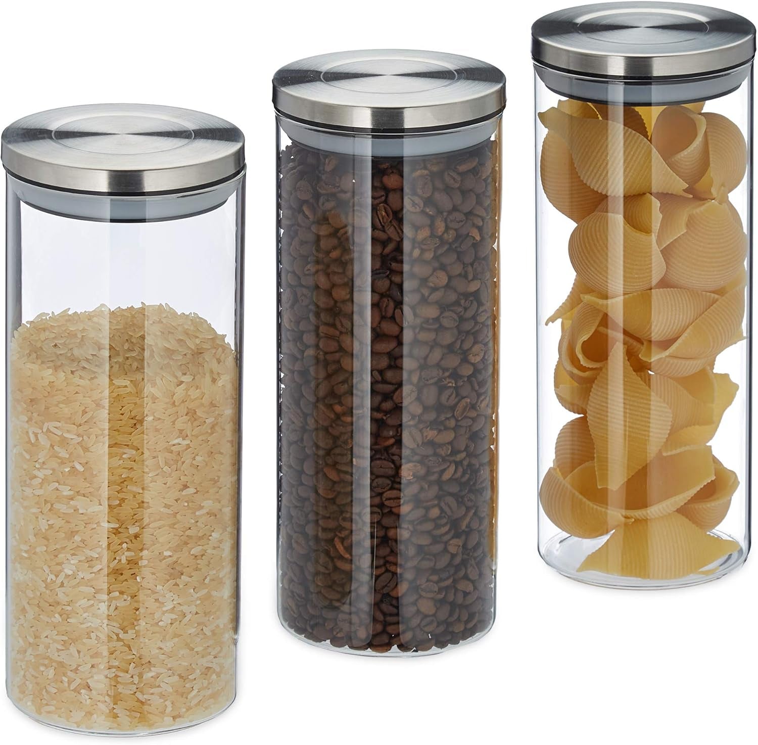 Relaxdays förvaringsburk Set med 3 förseglade lock i rostfritt stål Pasta Müsli Ris 1,5 liter köksbehållare Klart silver 24 x 9,5 x 9,5 cm Klart silver Matförvaringslådor Naty Shop Standardtitel