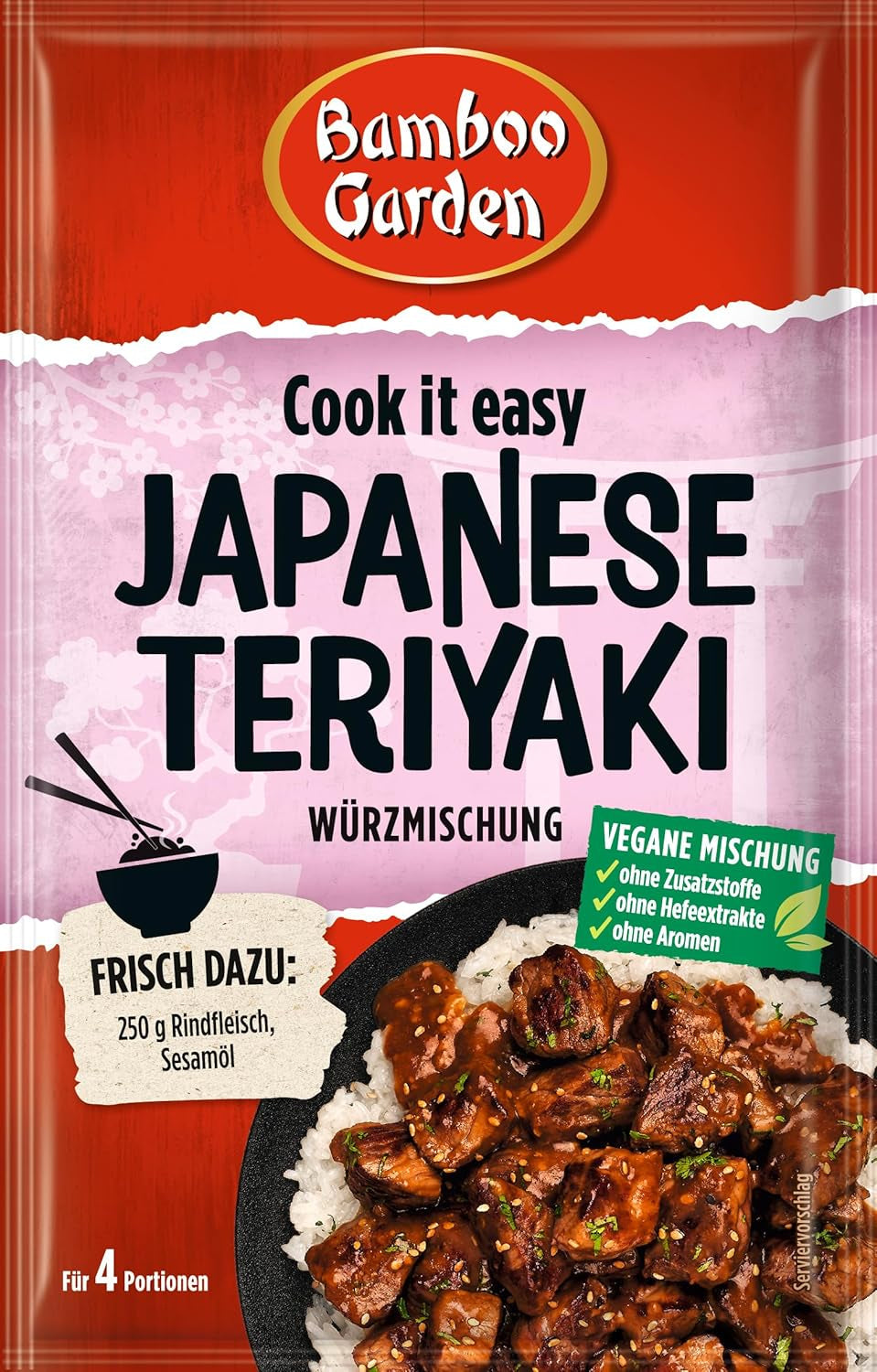 Bamboo Garden - Teriyaki kryddblandning , Gewürzmischung für Teriyaki , Für 4 Portionen , Ohne Geschmackverstärker och Konservierungsstoffe , 1 x 25 g (Verpackungsdesign kann abweichen)