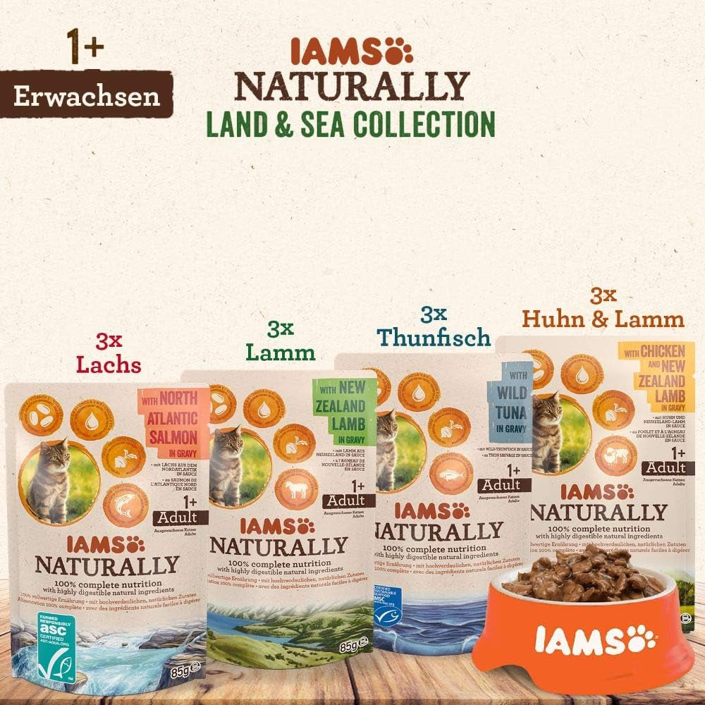 IAMS Natural Wet Cat Food i sås - Högkvalitativt kött och fisk våtfoder för vuxna katter, Land & Sea Collection, 12 x 85g
