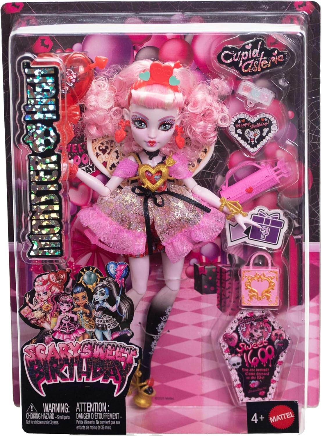 Monster High Skrämmande söt födelsedag Cupid Asteria docka i rosa och röd festklänning med tillbehör som inbjudan, ballong, present och mer, JBG77