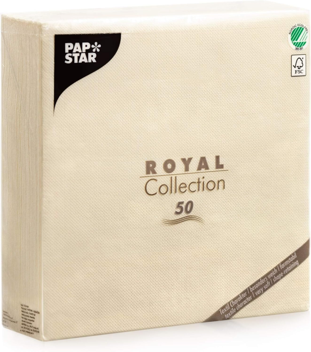 Papstar Servetter, Champagne Royal Collection 1/4-faldiga vävnadsservetter, Storlek 40 X 40 Cm, 1 X 50-pack, Champagne / Kräm