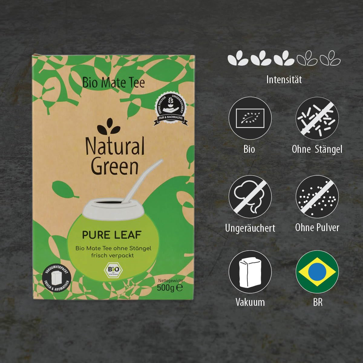 Delicatino - Naturligt grönt PURE LEAF 500G, ekologisk yerba mate stamfri, färsk och rökfri, ekologiskt odlad, vakuumförpackad för maximal fräschör