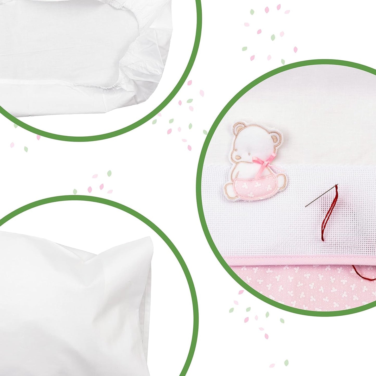 Vitt och rosa sängkläder för bärsäng, bestående av 1 påslakan, 1 överlakan med Aida-band för broderi och 1 örngott, 100 % bomull, Made in Italy Täcken och täcken Naty Shop