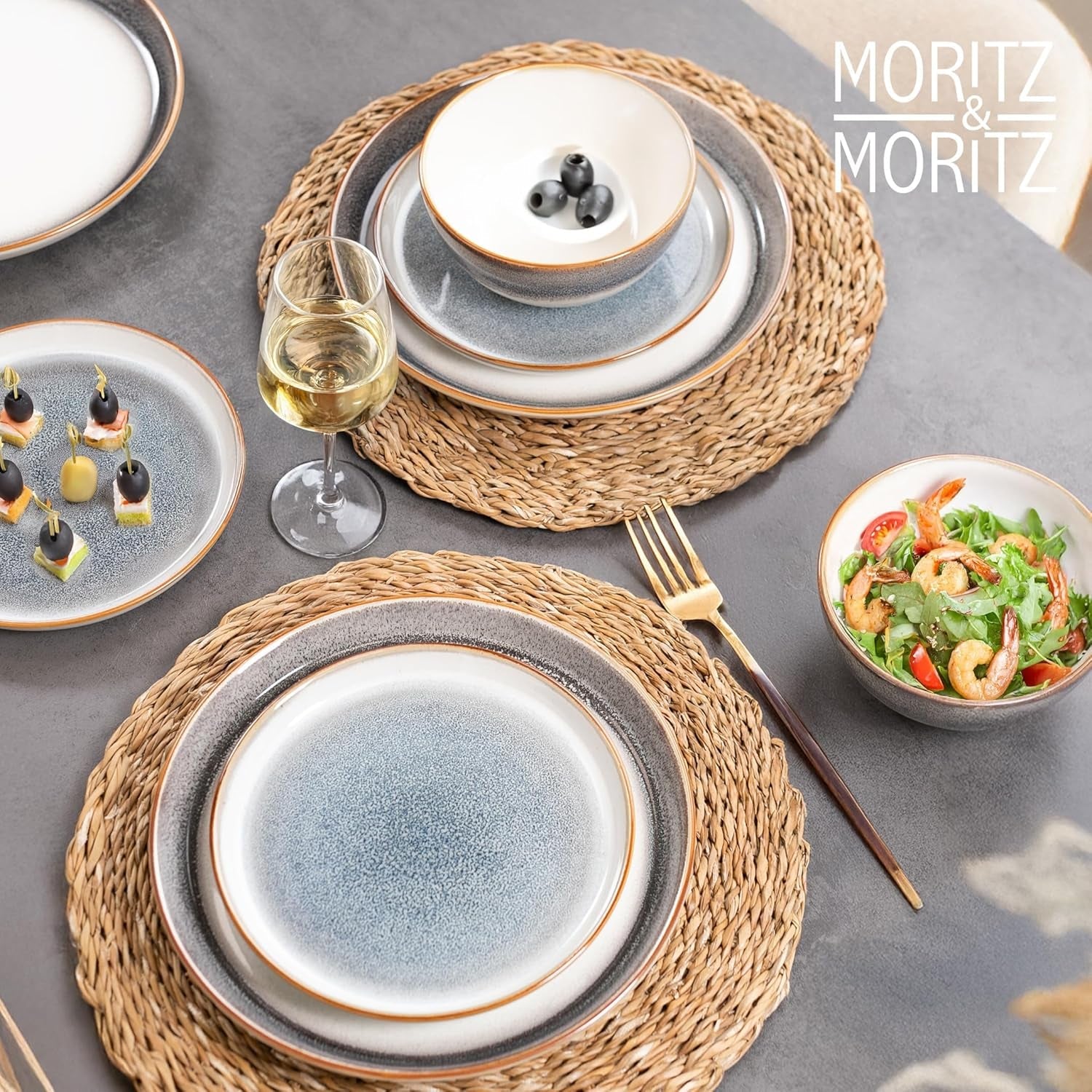 Moritz & Moritz TARENTO 24-delat servisset för 6, grå - Elegant tallriksset i stengods av hög kvalitet - Matservisset innehåller 6 mattallrikar, 6 desserttallrikar, 6 middagstallrikar och 6 koppar