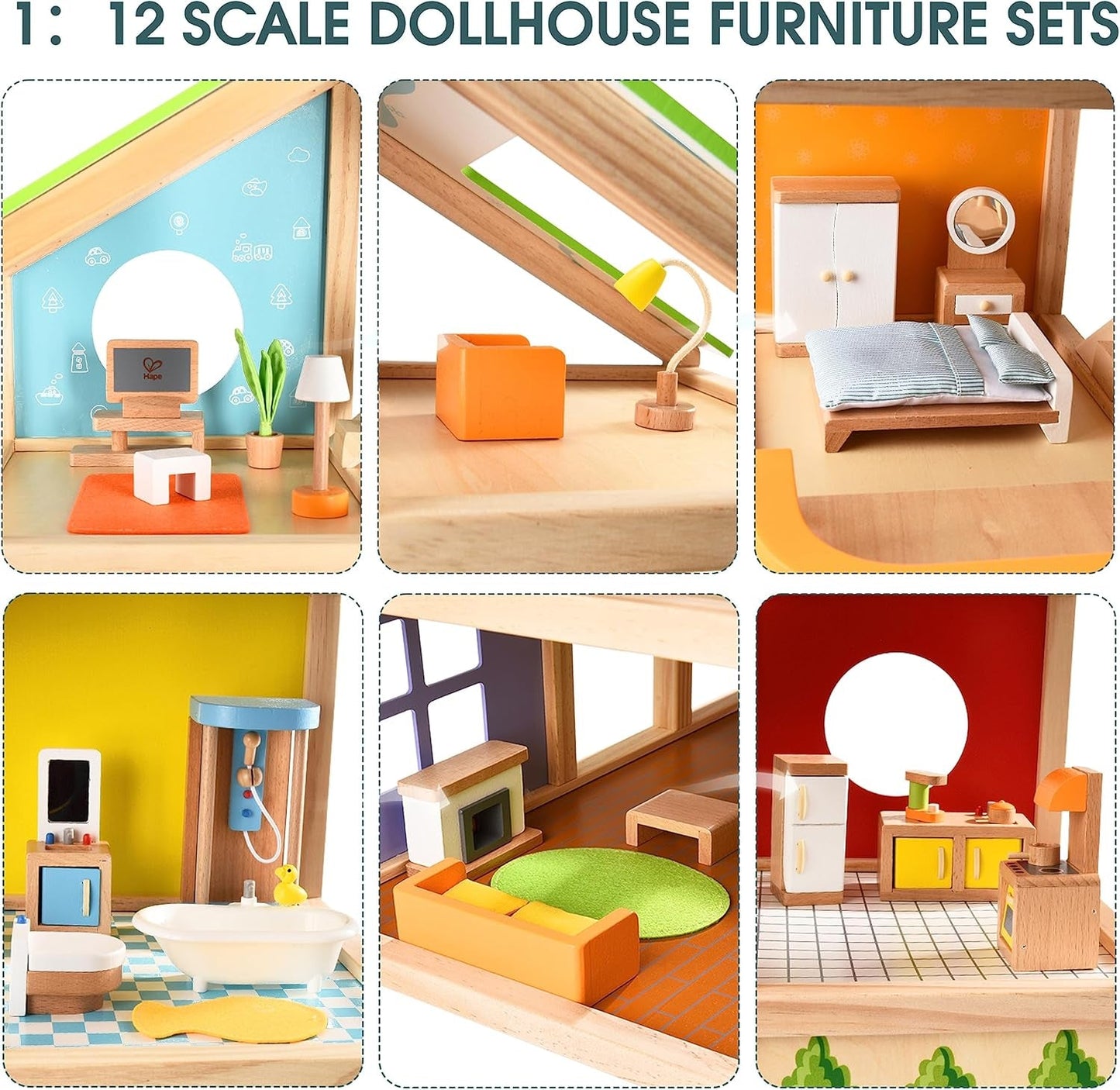 Hape Four Seasons Dollhouse - prisbelönt trevånings dockhus i trä med möbler, tillbehör, skjuttrappa och vändbart tak för alla årstider, för barn från 3 år och uppåt