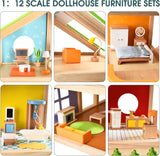 Hape Four Seasons Dollhouse - prisbelönt trevånings dockhus i trä med möbler, tillbehör, skjuttrappa och vändbart tak för alla årstider, för barn från 3 år och uppåt