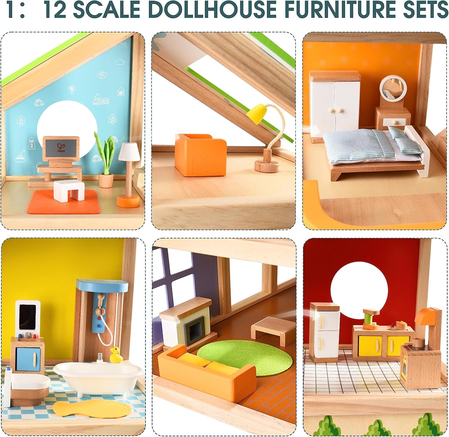 Hape Four Seasons Dollhouse - prisbelönt trevånings dockhus i trä med möbler, tillbehör, skjuttrappa och vändbart tak för alla årstider, för barn från 3 år och uppåt