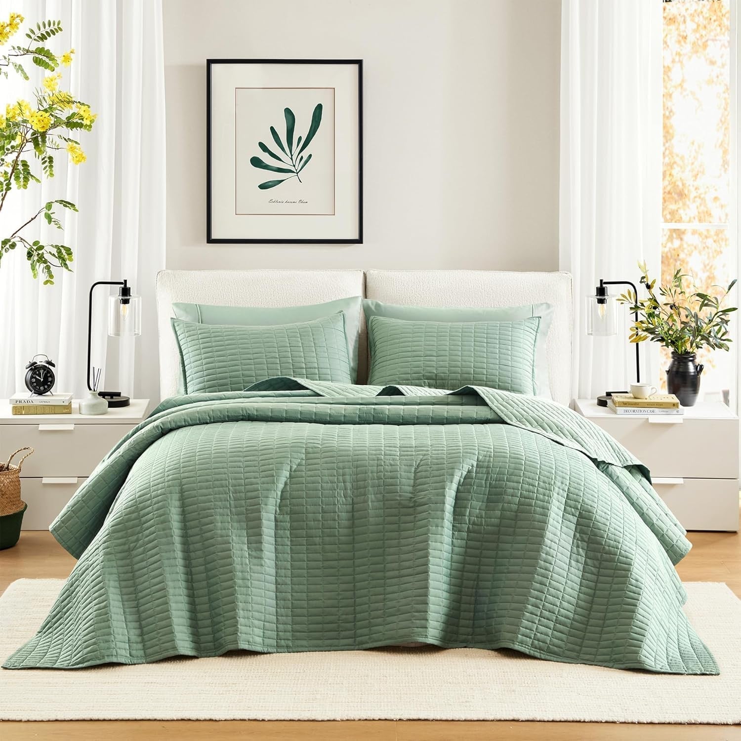Comfort Spaces Kienna Quilt Set, Lyxigt Double Stitch Sommarfilt, Lätt, Mjuk, Året Runt Sängkläder, Matchande Örngott, Vit, Filt för King Size-sängar (264,2 X 228,6 Cm), Naty Shop Täcken & Quilts Sage Gland Oversized Queen Överkast (102"X118")