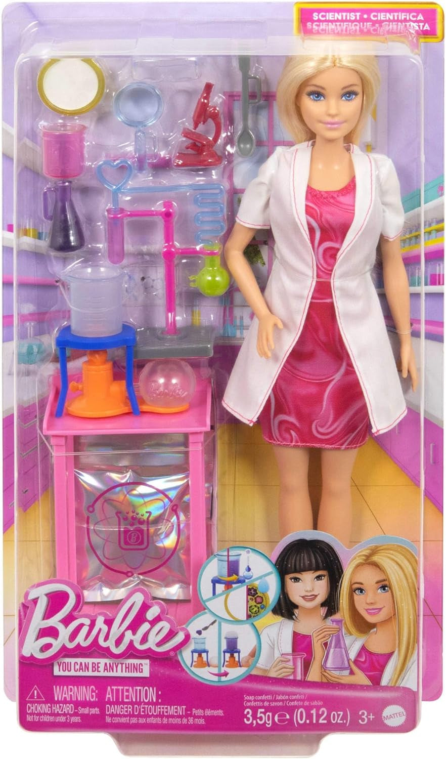 Barbie Scientist-docka och tillbehör med moderiktig blond docka, labbbord, mikroskop, färgskiftande kassa och petriskål, JCR70 Naty Shop Dolls