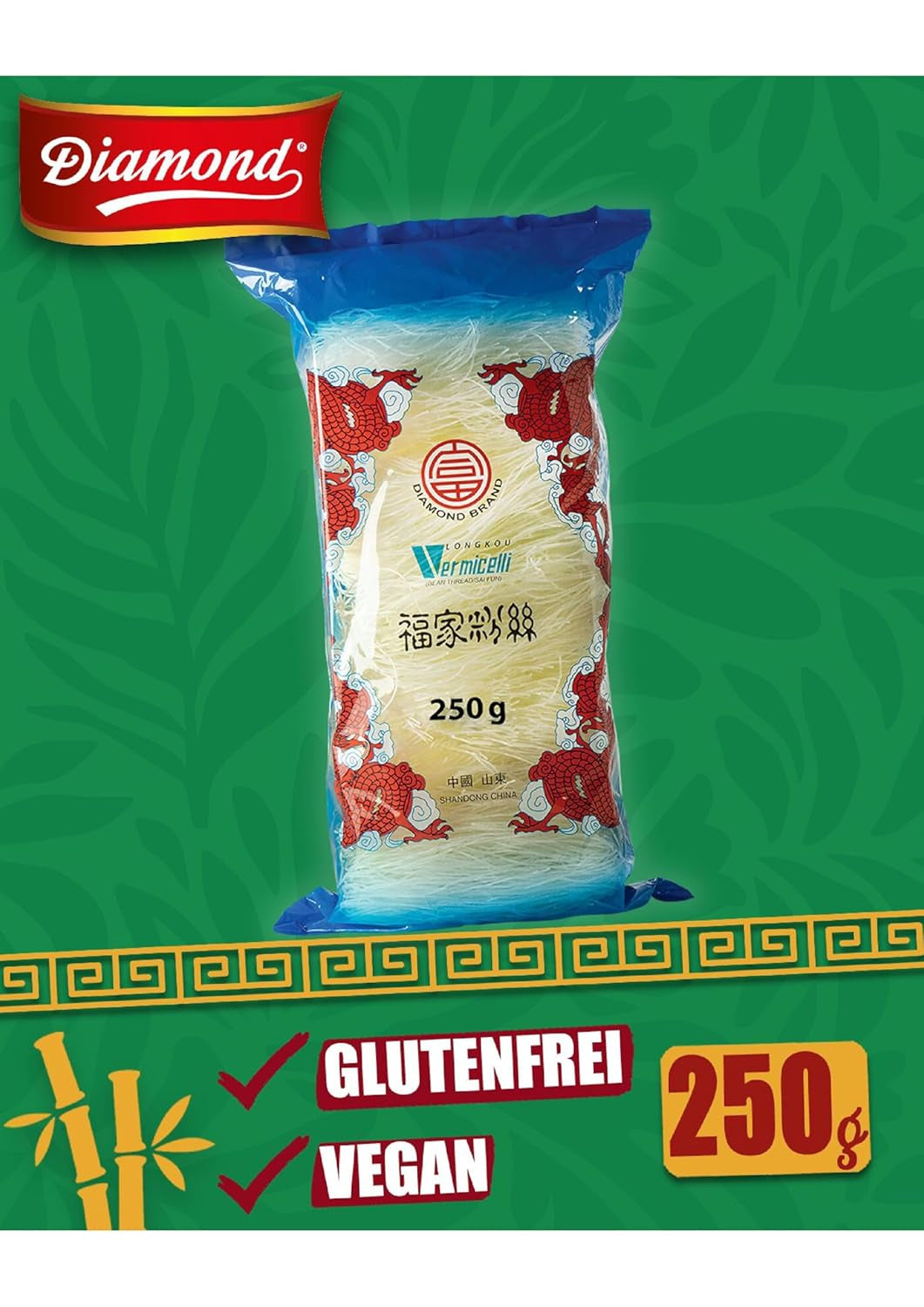 DIAMOND glasnudlar, långa glasnudlar, naturligt veganska och glutenfria - 1 x 250 g