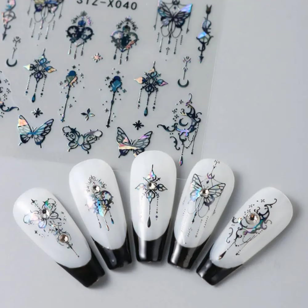 3D Metallic Schwarz Schmetterling Nagelsticker - Laser Pink Aurora Nagelaufkleber - Punk Butterfly Nail Art Stickers - Silver Nagelsticker - Nageldesign Zubehör