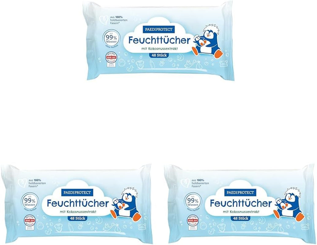 PAEDIPROTECT våtservetter för baby 1 x 10 st Känsliga våtservetter för babyvatten 99 % vattenparfymfri baby & barn ömtålig hud Kokosextrakt Mikroplastfri vegansk (5-pack)