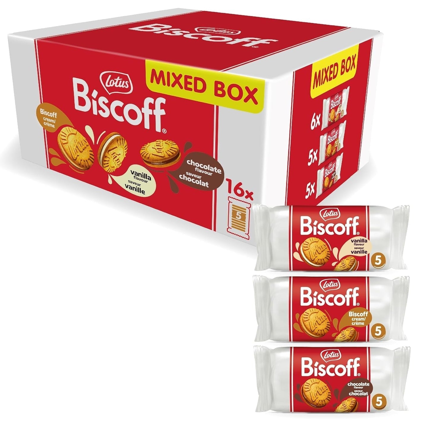 Lotus Biscoff | Dubbel kex Variety Pack | 3 sorter: Biscoff Cream, Vanilj och Choklad Smak | 5 dubbla kex per förpackning | Ingredienser av naturligt ursprung | Inga färgämnen | 16 x 50g | 800 g
