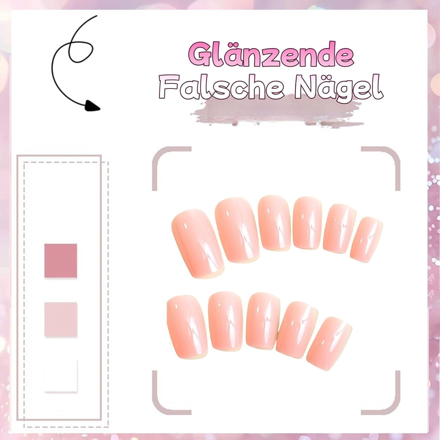 24st rosa enfärgade falska naglar självhäftande neutrala falska naglar Medium Square Mjuk Gel för kvinnor DIY Heltäckande Glitter Falska Naglar