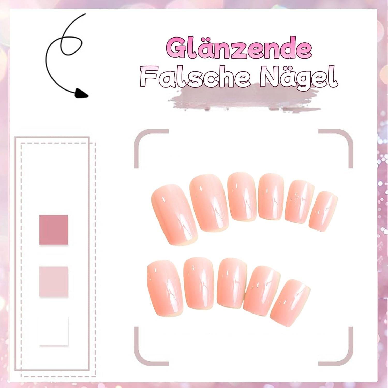 24st rosa enfärgade falska naglar självhäftande neutrala falska naglar Medium Square Mjuk Gel för kvinnor DIY Heltäckande Glitter Falska Naglar