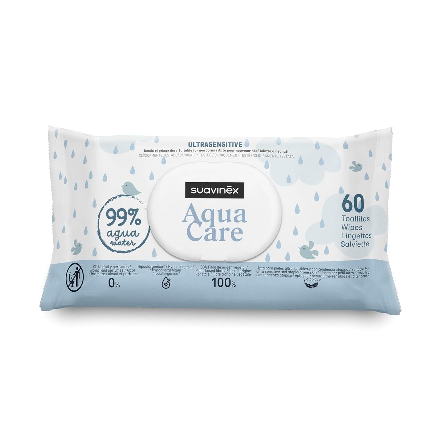 Suavinex Aqua Care Baby Wet Wipes 60 Count Cleansing Wipes 99% Vatten Växtfiber Aloe Vera Doftfri Alkoholfri Dermatologiskt testad Lämplig för känslig hud