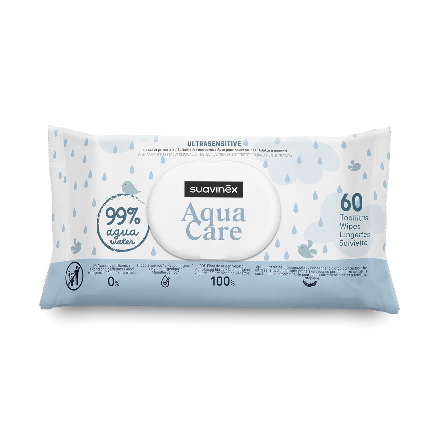 Suavinex Aqua Care Baby Wet Wipes 60 Count Cleansing Wipes 99% Vatten Växtfiber Aloe Vera Doftfri Alkoholfri Dermatologiskt testad Lämplig för känslig hud
