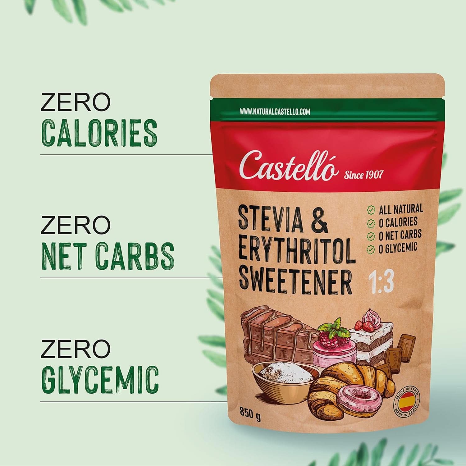 Stevia + Erythritol 1:3 Sötningsmedel, 1G = 3G Socker, 850 gram Sötningsmedel Naty Shop