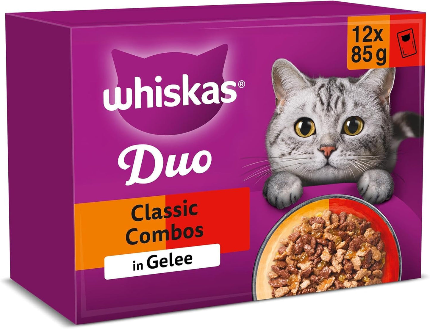 WHISKAS Duo-påsar för våtfoderportioner, multipack, klassisk kombination i gelé, 12 x 85 g