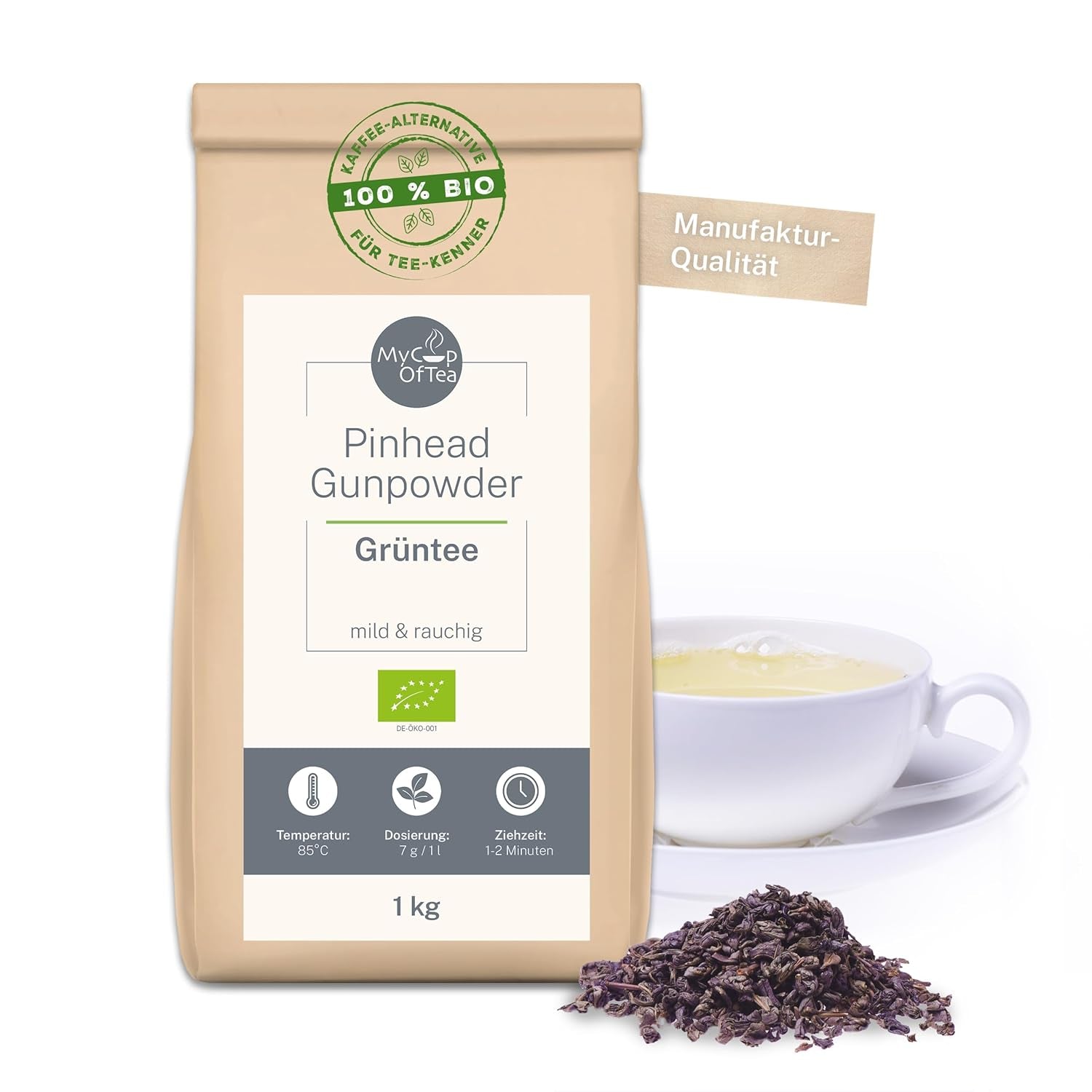 Pinhead Gunpowder Organic Green Tea Bulk 1 kg – Högkvalitativt ekologiskt grönt te från Kina – Lätt rökig smak – För gourmeter och tekännare – Mycupoftea