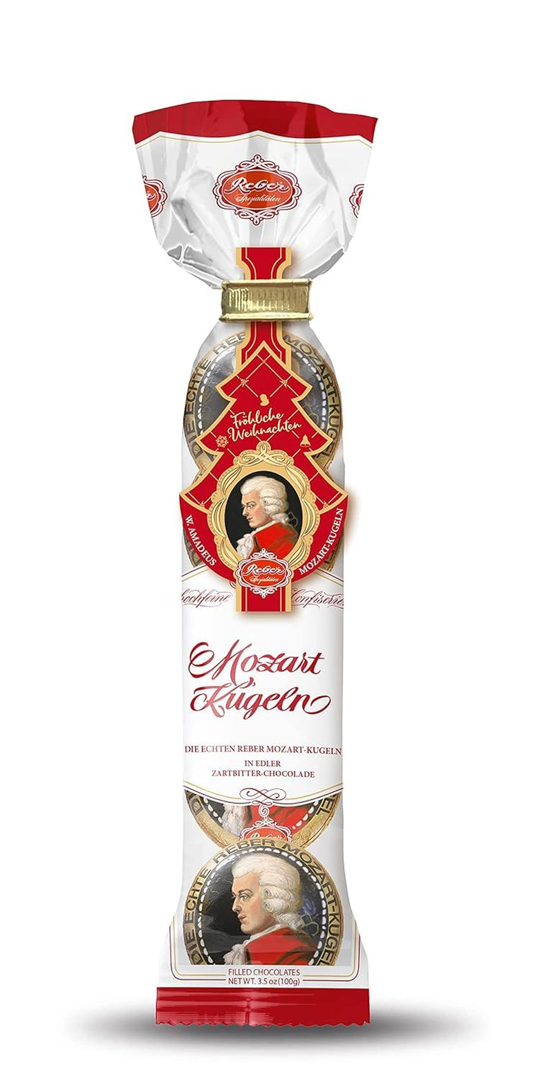 Reber Mozart-kulor - 5 påsar med 5 godis i julupplagan - Äkta Reber Mozart-kulor, gjorda av mörk choklad, marsipan och nougat