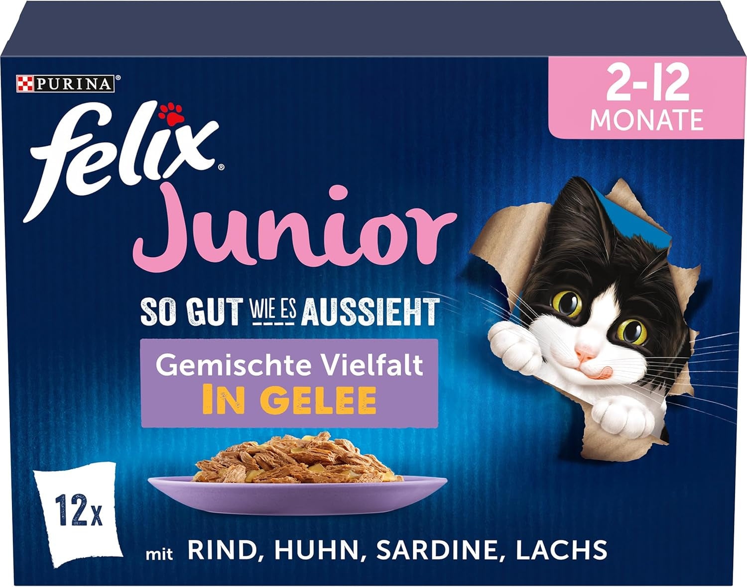 Felix As Good As It Looks Junior Våtfoder i gelé för kattungar, blandad blandning, förpackning om 6 (6 x 12 påsar à 85g vardera)
