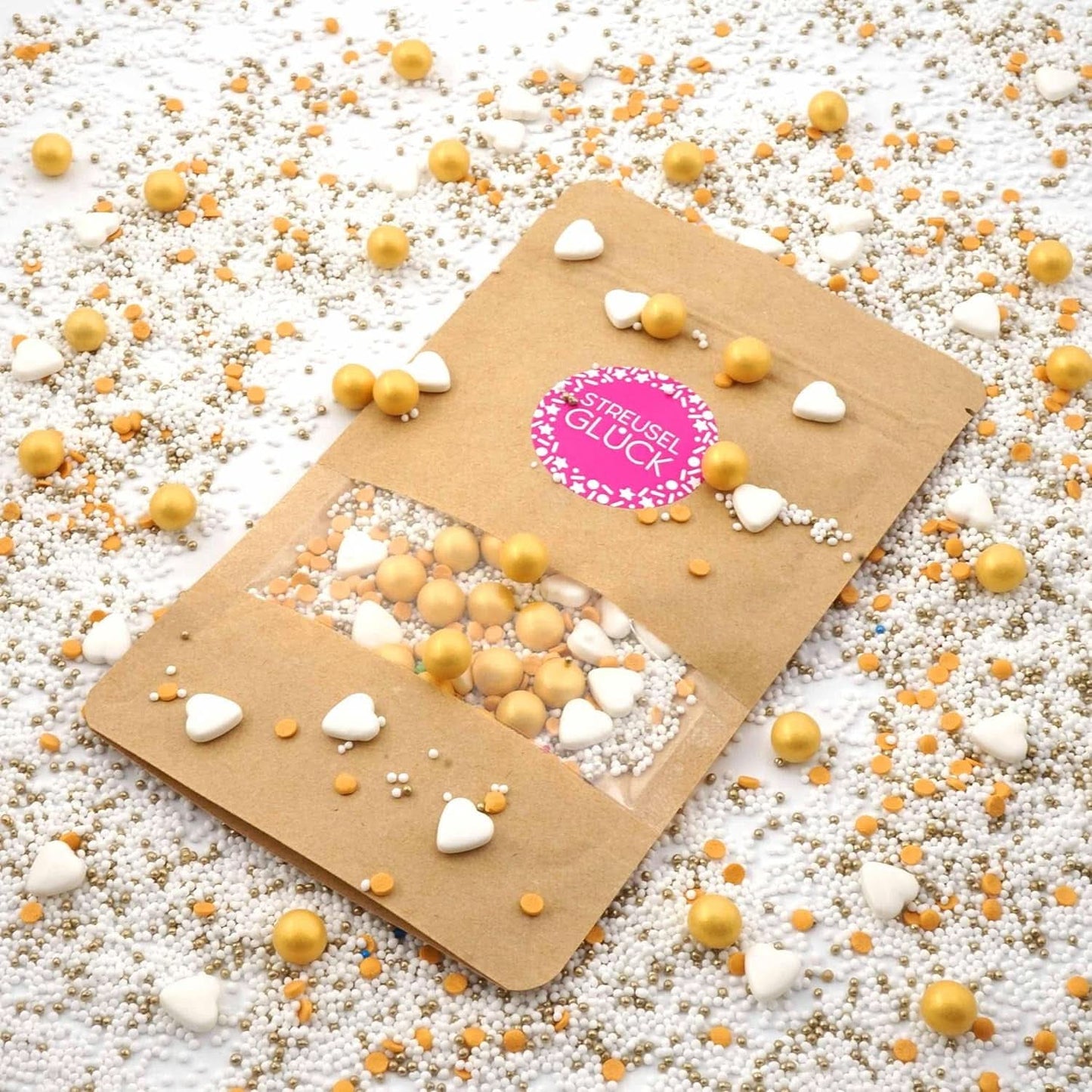 Streusel Glück, Strössel med vita hjärtan och gyllene bollar, 40 gram Strössel Naty Shop