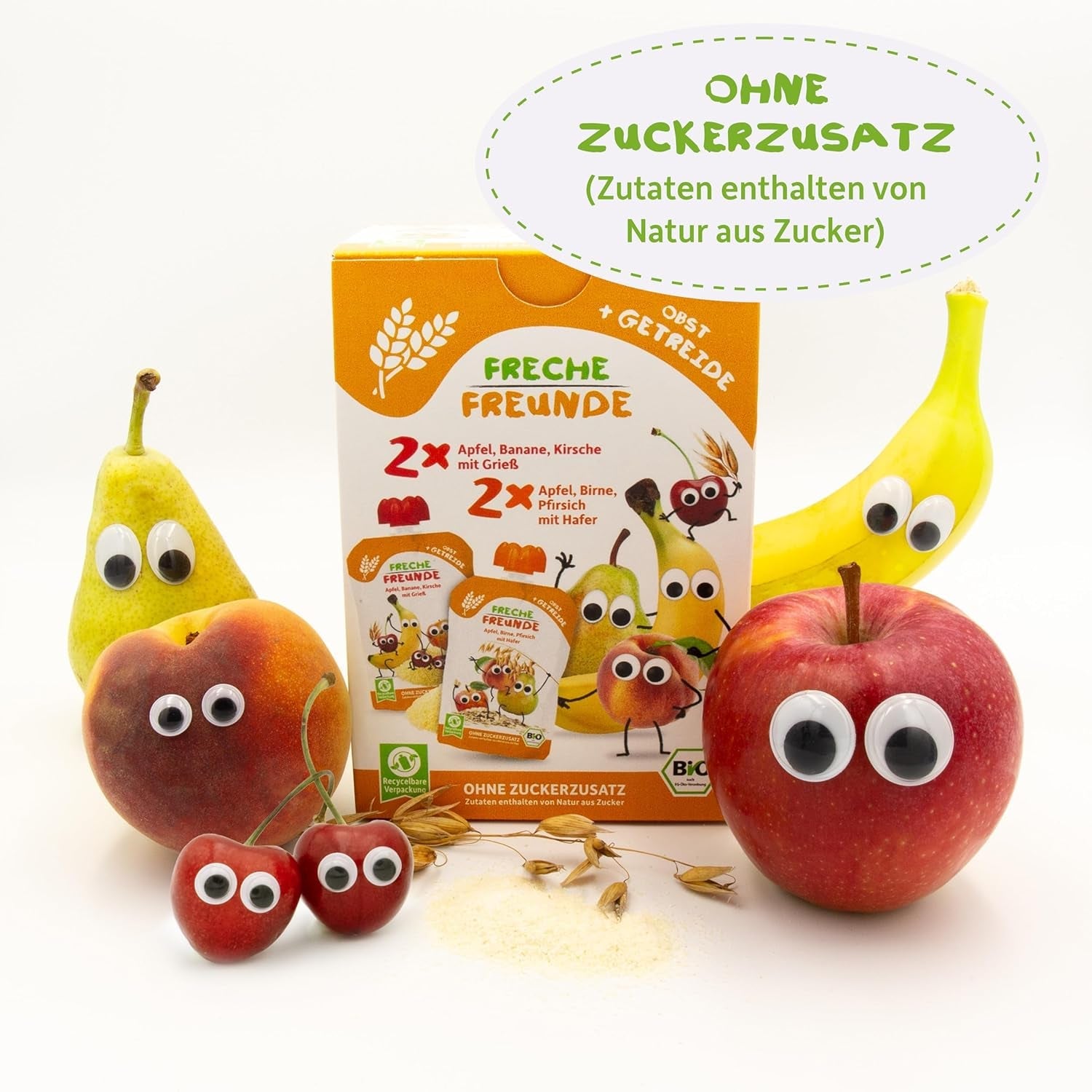 FRECHE FREUNDE Ekologisk blandning i multipack pressbar påse - Frukt + spannmål, Fruktpuré med flingor i en pressbar påse för bebisar från 6 månader, vegan, förpackning om 3, 3 x (4 x 100g)
