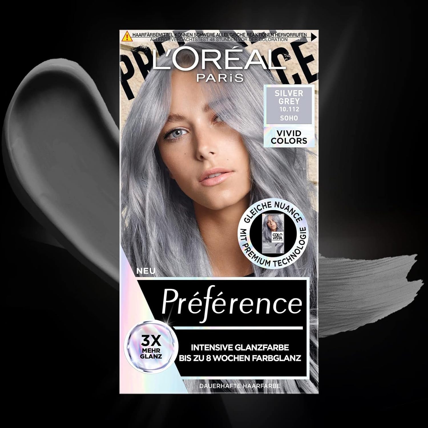 L'Oréal Paris Intensiv permanent hårfärg, Upp till 8 veckors glansigt hår och intensiv färg, Préférence Vivid Colors, Färg: 10.112 SILVERGRÅ, 1 st (förpackning med 2) Hårfärgning Naty Shop
