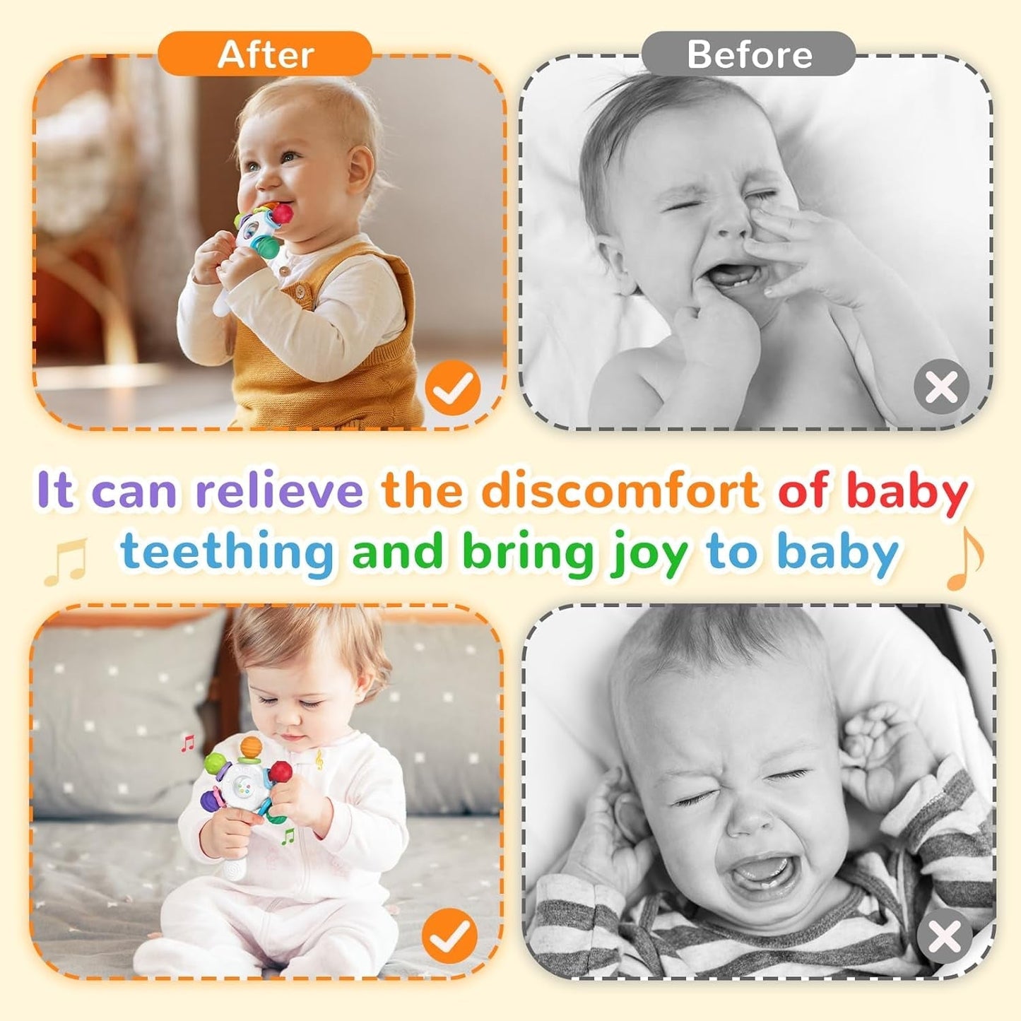 Livsmedelsklassade babybitringar - BPA-fria, kvävningsbeständig design, förstärkt grepp, lämplig för hörsel och tandutveckling, idealisk för spädbarn 0-36 månader (vit)