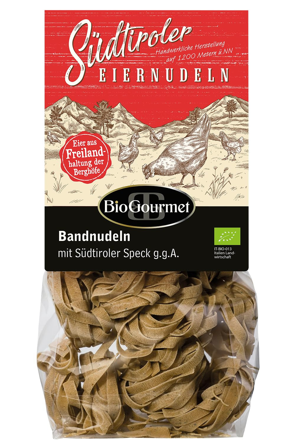 BioGourmet bandnudlar med Schüttelbrot från Sydtyrolen (SGB) | Salta och smaksatta äggnudlar med äkta prick från Sydtyrolen | 1 x 250g Bio