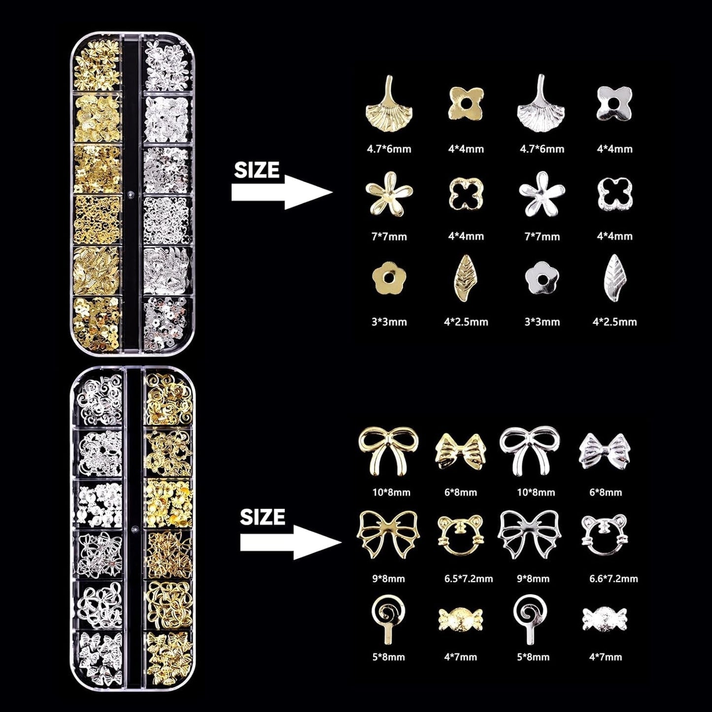 Nail Key Chains 4 Box Set - 48 typer Guld & Silver 3D Nail Key Chains (Fjärilar, Blommor, Pärlor, etc.) + Pincett & Penna - För DIY Gel & Akrylnaglar | Ideal for nail salon and home