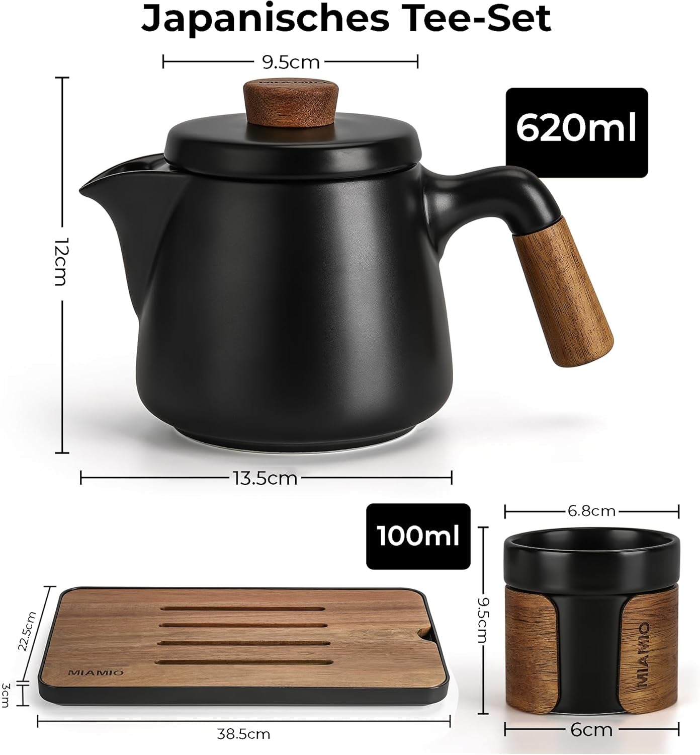 MIAMIO - Japansk/kinesiskt teservis 6 x 100 ml / asiatisk tekanna 620 ml med teinfuserare, traditionell japansk tekanna för teälskare/män/kvinnor (svart)