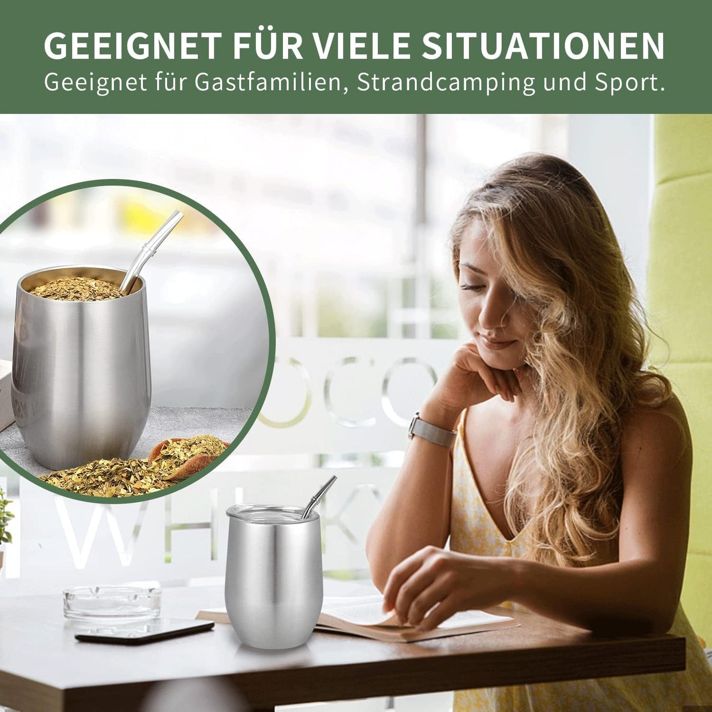 Modern Mate-mugg 340 ml, isolerad dubbelvägg i rostfritt stål Yerba Mate-muggset, Mate-temugg med BPA-fritt lock, Bombillas och en rengöringsborste (silver)