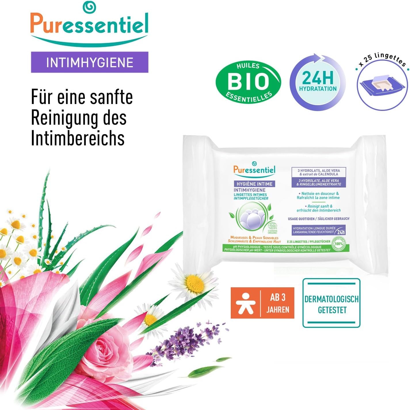Puressentiel - Intimhygien - Intimservetter - Rengörande och uppfriskande - Känsliga slemhinnor och hud - Långvarig återfuktning 24 timmar - För dagligt bruk - X25 st.