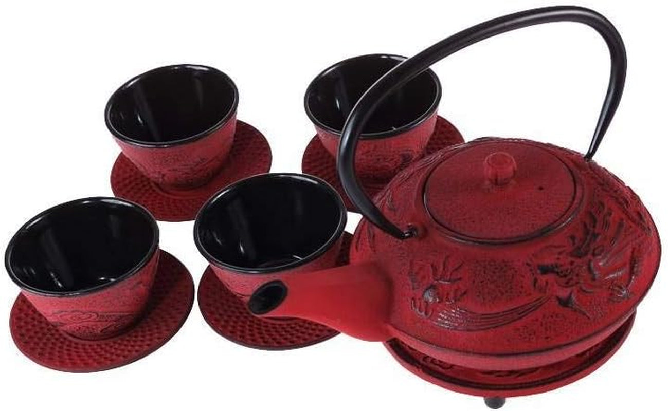 – Kinesiskt Dragon Tea Set – 1 tekanna, 4 gjutjärnskoppar och tesil – Kapacitet 0,8L – Japansk asiatisk dekor – Presentidé för japansk servis – Färg Röd