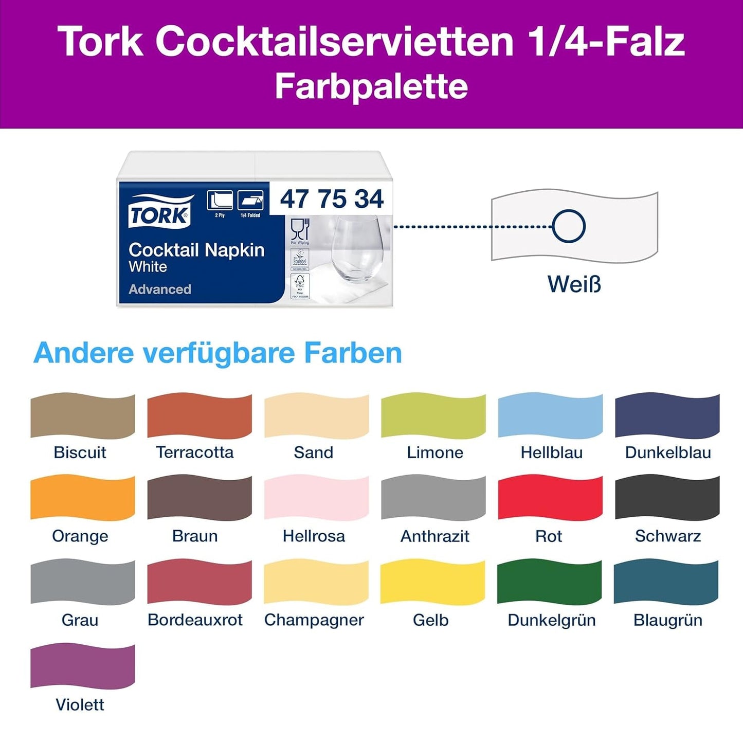 Tork Cocktail vita servetter, 1/4-faldig, 2-lagers, 24 cm × 24 cm, 200 servetter, 477534