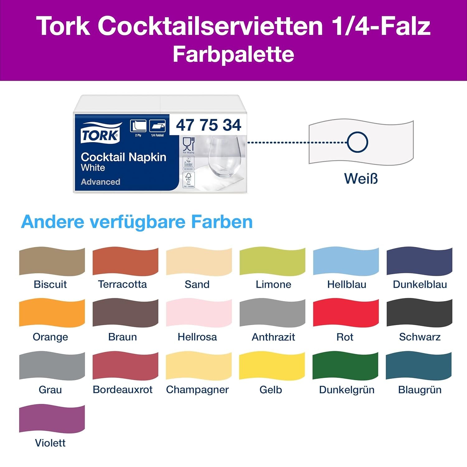 Tork Cocktail vita servetter, 1/4-faldig, 2-lagers, 24 cm × 24 cm, 200 servetter, 477534
