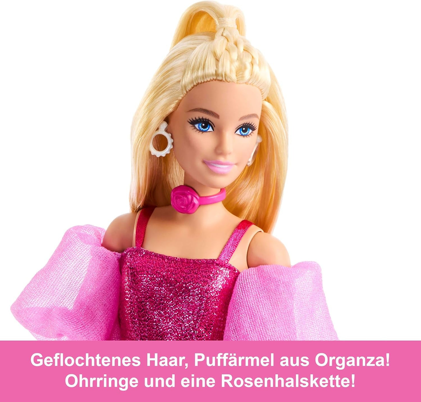 Barbie Deluxe Style #5 docka i en metallisk rosa blond outfit med en gnistrande överdel och gnistrande byxor, med tillbehör inklusive ett rosa halsband och en handväska, JFP40