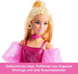 Barbie Deluxe Style #5 docka i en metallisk rosa blond outfit med en gnistrande överdel och gnistrande byxor, med tillbehör inklusive ett rosa halsband och en handväska, JFP40