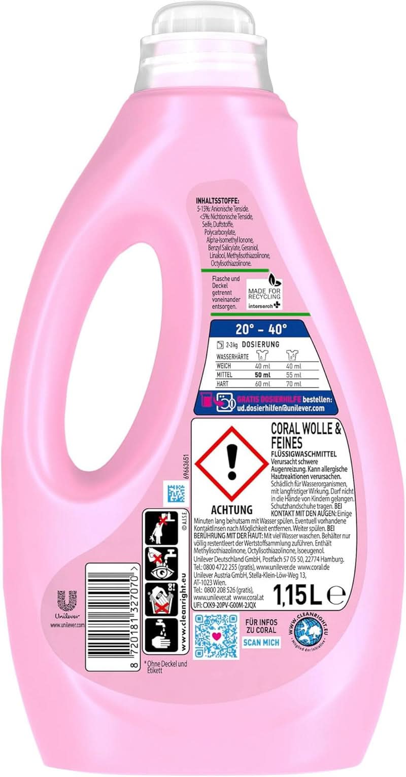 Korall ömtåligt flytande tvättmedel för ull och fintvätt, 23 tvättar, 1,15 liter Tvättmedel Naty Shop