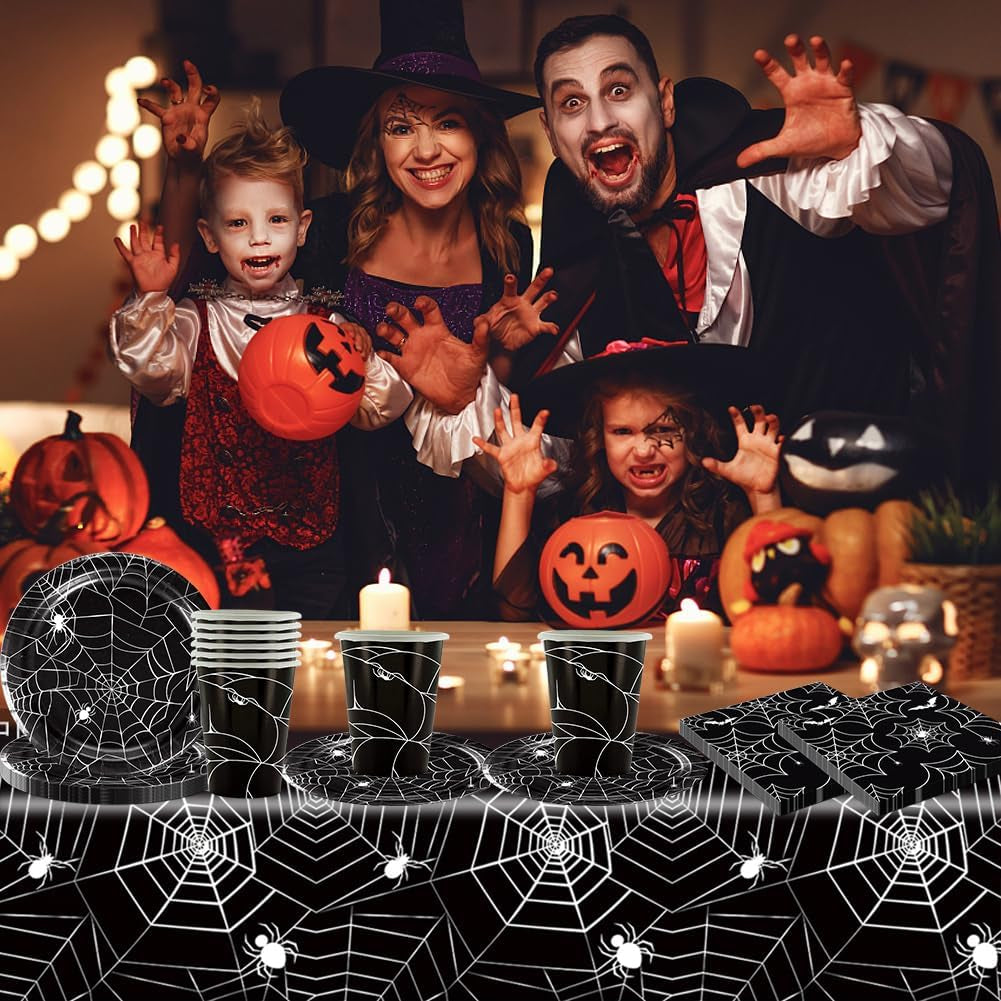 49 delar Halloween Spider Paper Bestick Set Inklusive tallrikar, servetter, glas och bordsduk. Svart servisset med desserttallrikar, servetter och glas.