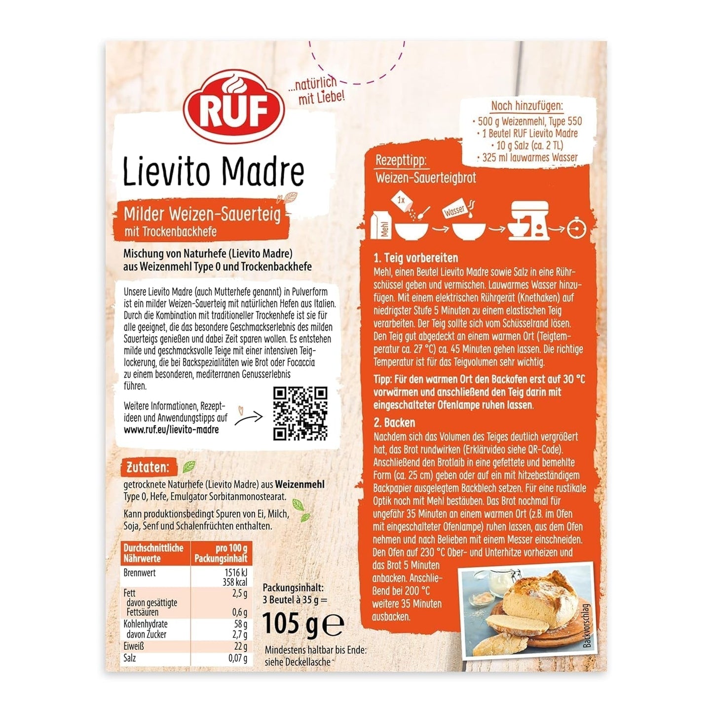 RUF Lievito Madre Sauerteig, Milder Weizen-Sauerteig, Mutterteig, Kurze Teigruhe Durch Enthaltene Trockenhefe, Lievito Madre Getrocknet Für Brot, Baguette, Focaccia, 3X35G Blandning för bakning och matlagning Naty Shop