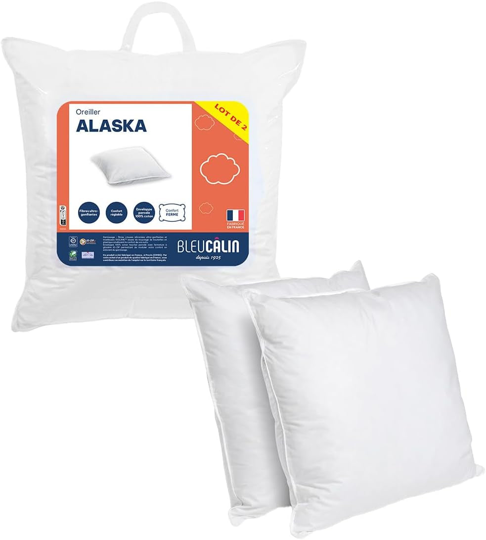 Blå Câlin Set med 2 kuddar med fast komfort "Alaska", superfyllning, 100 % bomull Percale kuvert, vit, 65 X 65 cm fyrkantig form Naty Shop standardkuddar