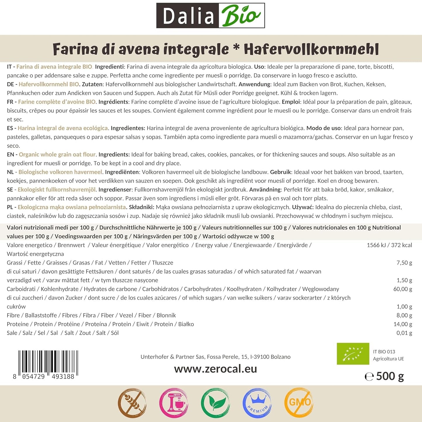 Dalia - Ekologiskt havremjöl 500g | Glutenfri | Rik på fibrer och protein Ursprung: Italien | För bröd, kakor, gröt och fitnessrecept | Premium kvalitet
