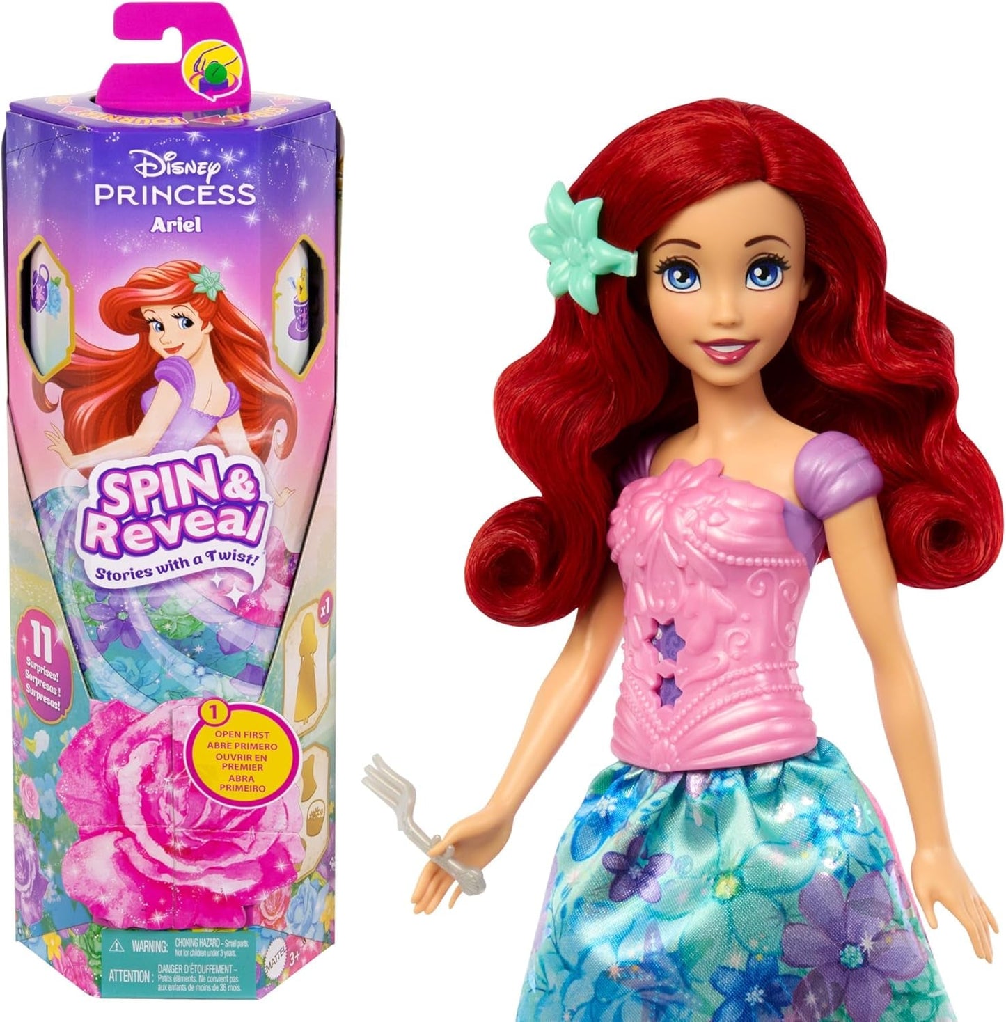 Mattel Disney Princess Ariel Spin & Reveal Fashion Dock Set med 11 överraskningar, inklusive 5 tillbehör, 5 klistermärken och en lekscen inspirerad av filmen HTV88