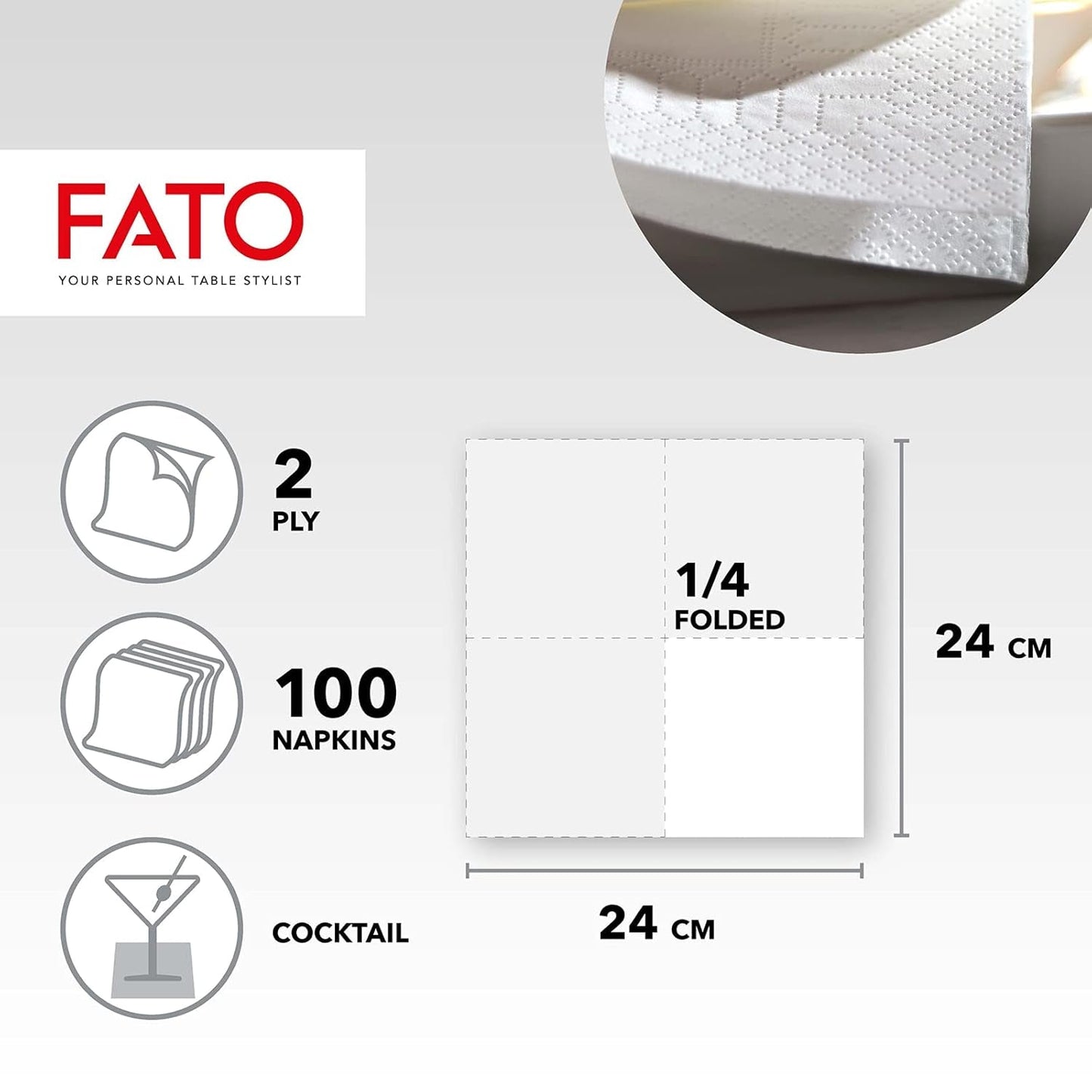 , Engångspappersservetter, idealiska för aptitretare och cocktails, paket med 100 servetter, storlek 24X24, 4-vikt, 2-lagers, vitt, 100 % rent cellulosapapper, Fsc-certifierat (pack med 6)