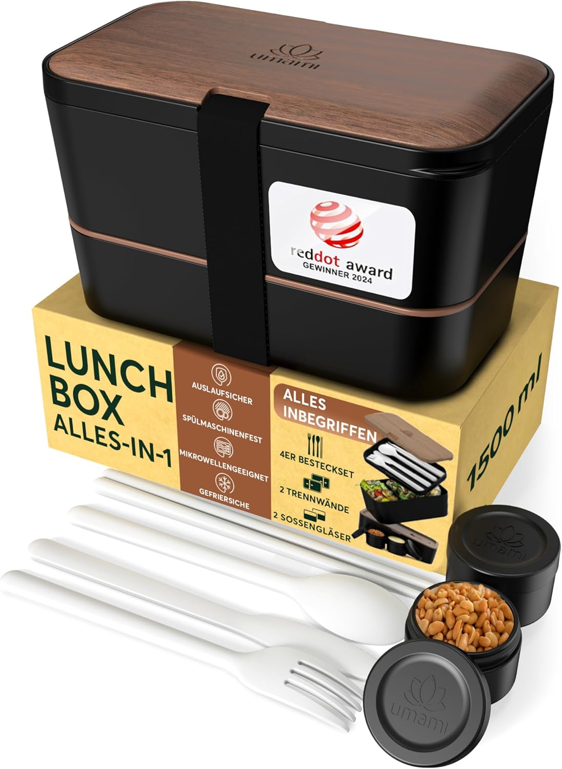 Umami Lunchbox för vuxna, 4 bestick och fack Läcksäker staplingsbar Bentobox, vuxenlunchbox, To-go salladsbehållare, picknick/kontorslunchbox, kolgrå, 1500ml Naty Shop Matförvaringslådor Svart valnöt L - 1500ml Stapelbar inuti varandra
